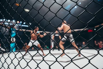Fotobehang Two fighters in ultimate fight cage during the match © Zamrznuti tonovi