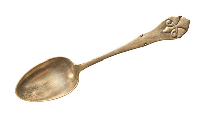 Vintage tea gilded spoon with royal lily on the handle isolated on a white background. Retro silverware.