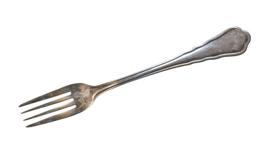 Vintage fork isolated on isolated white background. Antique silverware. Retro.