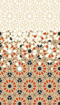 Arabic pattern. Arabesque repeating vector border. Geometric halftone texture with color tile disintegration or breaking