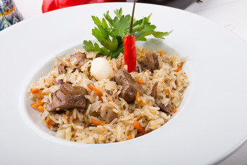Traditional uzbek rice pilaf dish