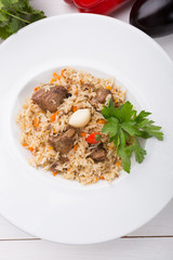 Traditional uzbek rice pilaf dish
