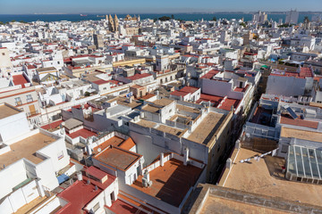 Fototapeta premium Aerial panoramic view of the old city rooftops and Cathedral de Santa Cruz in the morning from tower Tavira in Cadiz, Andalusia, Spain