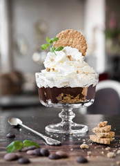 dessert from Belgian chocolate, biscuits and whipped cream on the background of an otter cafe.
