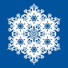 Snowflake - Mandala in white color on blue background. Ornament for Christmas end New Year