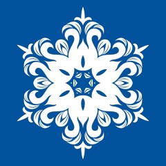 Snowflake - Mandala in white color on blue background. Ornament for Christmas end New Year