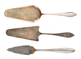 Fototapeta premium Silver Vintage Cake Spatulas isolated on white Background. Retro silverware.