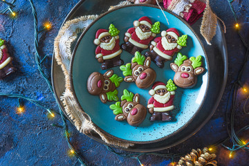 Santa Claus and chocolate reindeer with Christmas lights.