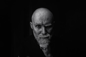 brutal bald bearded man / studio isolate, photo guy with a gray beard, bald head