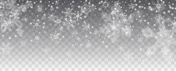 Vector snowfall, snowflakes of various shapes. Many white cold flaky elements on transparent background. White falling fly in the air.