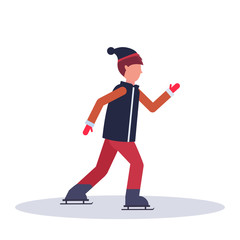 young boy skating ice rink sport activities guy wearing winter clothes male carton character full length profile flat isolated