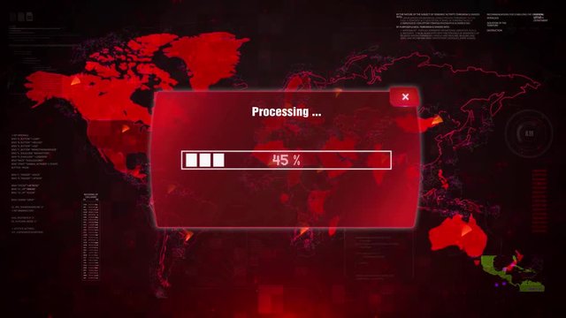 Terrorist Attack Alert Warning Message Attack on Screen. Wire Frame World map Radar Network Glitch Distortion. Login, Password and Progress Bar Futuristic UI Elements HUD Sci Fi Interface.