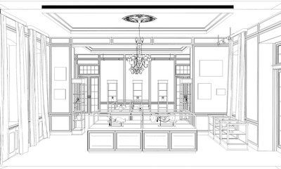 museum, exhibition hall, contour visualization, 3D illustration, sketch, outline