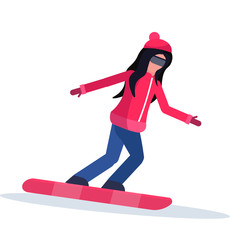 Fototapeta premium Snowboarder woman sliding down winter sport activities lady wearing goggles female carton character sportswoman snowboarding full length flat isolated