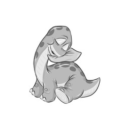 Sleeping baby dino with pillow. Vector hand drawn illustration of small dinosaur. For poster, banner, logo, icon, greeting card. For nursery, print with dino. Brontosaurus sleeps on pillow. Isolated