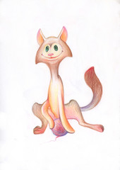 Pencil drawing. Illustration for children. Image of animals with colored pencils. Red cat playing with a ball of thread.