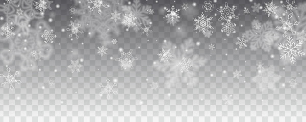 Vector snowfall, snowflakes of various shapes. Many white cold flaky elements on transparent background. White falling fly in the air.