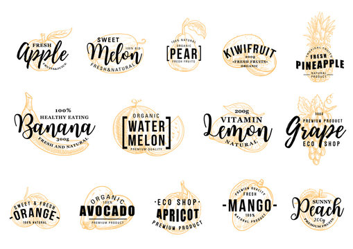 Fruits silhouettes icons with letterings isolated