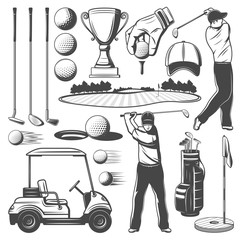 Golf sporting items, player monochrome icons