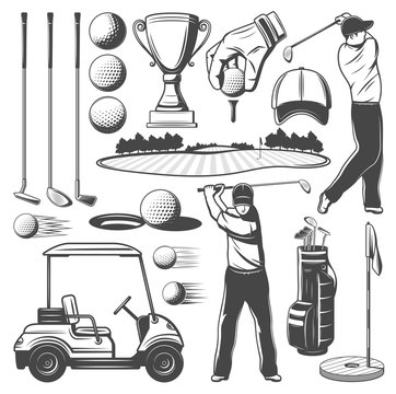 Golf sporting items, player monochrome icons
