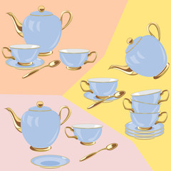 Vintage tea set on the pastel color background. Flat simple style vector illustration.