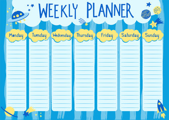 Blue weekly planner with planets, stars, rocket and alien spaceship. Kids schedule design template