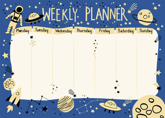 Weekly planner with space theme in cartoon style. Kids schedule design template