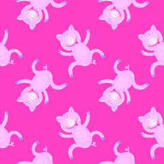 Vector hand-drawn illustration with pig in a village. Farm animal.