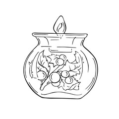 Glass jar with christmas decorative holly leaves branches isolated on white background. Hand drawn vector illustration. 