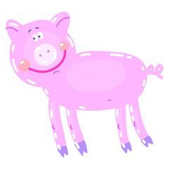 Vector hand-drawn illustration with pig in a village. Farm animal.