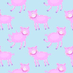 Vector hand-drawn illustration with pig in a village. Farm animal.