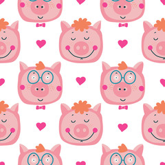 Vector hand-drawn illustration with pig in a village. Farm animal.