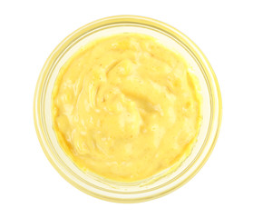 Tasty yellow sauce in bowl on white background