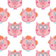 Vector hand-drawn illustration with pig in a village. Farm animal.