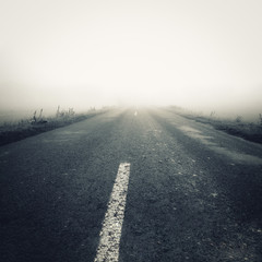 Empty road through the fields in a fog. Foggy asphalt road in the autumn season