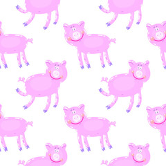 Vector hand-drawn illustration with pig in a village. Farm animal.