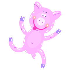 Vector hand-drawn illustration with pig in a village. Farm animal.