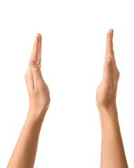 Female hands holding something on white background