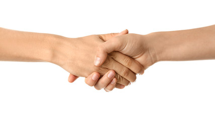 Young women shaking hands on white background
