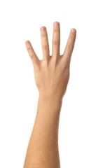 Obraz premium Male hand showing four fingers on white background
