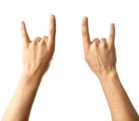 Male hands showing "devil horns" gesture on white background