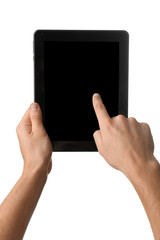 Young man using tablet PC on white background