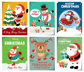 Vintage Christmas poster design with vector snowman, reindeer, penguin, Santa Claus, elf, fox characters.