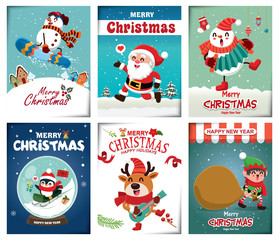 Vintage Christmas poster design with vector snowman, reindeer, penguin, Santa Claus, elf, fox characters.