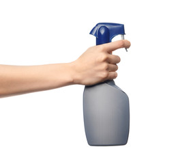 Woman holding bottle of detergent on white background