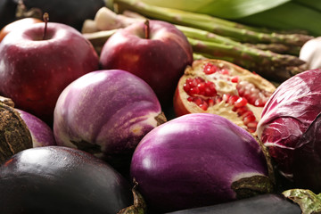 Various fresh vegetables with fruits, closeup
