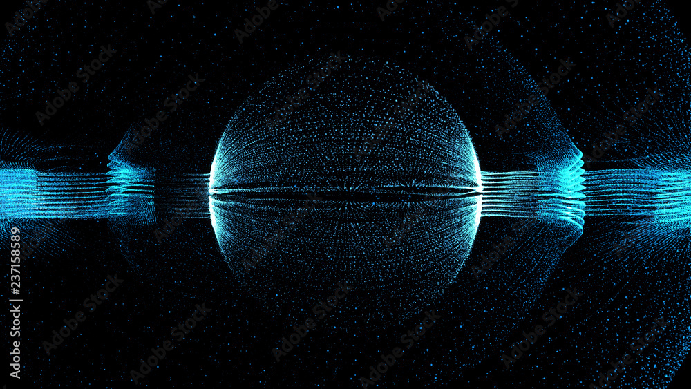 Poster 3d render technology partical background. abstract particle form with sphere form in the center.....