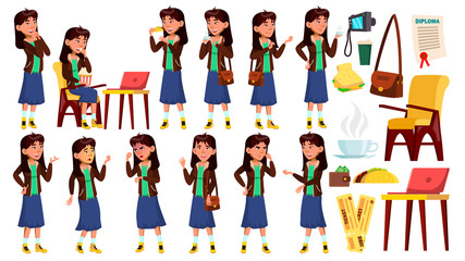 Asian Teen Girl Poses Set Vector. Emotional, Pose. Blue Skirt. For Advertising, Placard, Print Design. Isolated Cartoon Illustration