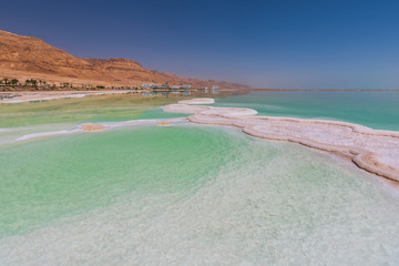 Salt formation in Ein Bokek hotel and resort district on the shore of the Dead Sea, near Neve Zohar, Israel.