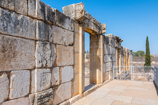 Ruins of ancient White synagogue in which Jesus Christ preached in biblical Capernaum, Israel.